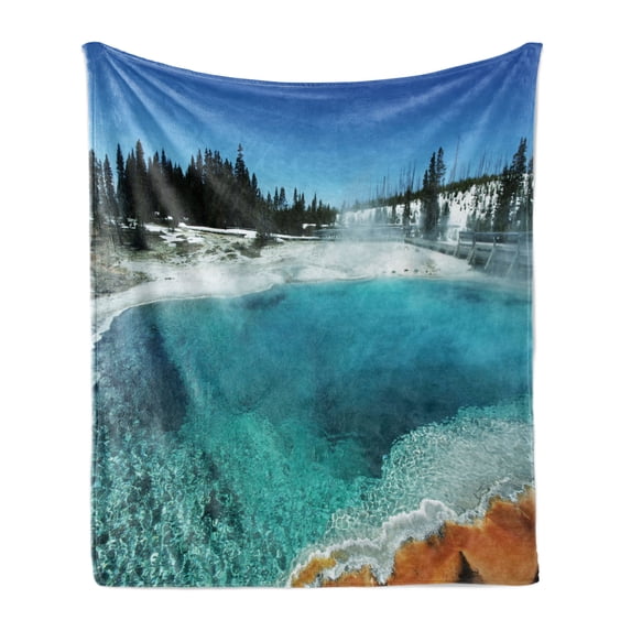 Yellowstone Soft Flannel Fleece Blanket, Hot Clear Spring and Evergreen Forest in Yellowstone Snowy Wintertime View, Cozy Plush for Indoor and Outdoor Use, 50" x 70", Turquoise Blue, by Ambesonne