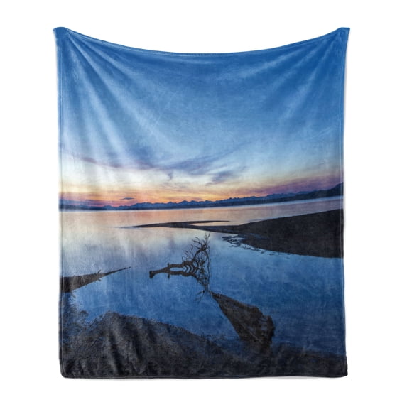 Yellowstone Soft Flannel Fleece Blanket, Lake Horizon Clear Sky Mother Earth Natural Landmark Tree Branch Dawn Picture, Cozy Plush for Indoor and Outdoor Use, 70" x 90", Blue Orange, by Ambesonne