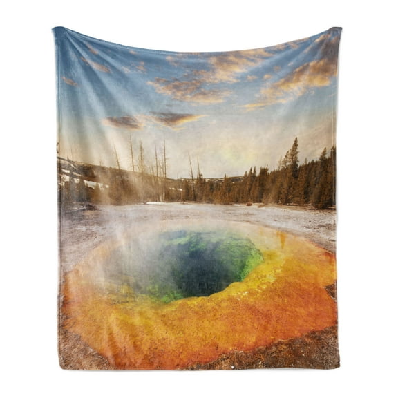 Yellowstone Soft Flannel Fleece Blanket, Morning Glory Pool in Yellowstone National Park Winter Scene Landmark Theme, Cozy Plush for Indoor and Outdoor Use, 50" x 60", Orange Brown, by Ambesonne