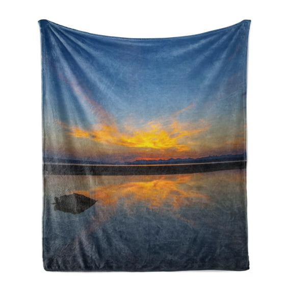 Yellowstone Soft Flannel Fleece Blanket, Yellowstone National Park Sunrise on Lakeside Romantic Nature Outdoor Picture, Cozy Plush for Indoor and Outdoor Use, 70" x 90", Yellow Blue, by Ambesonne