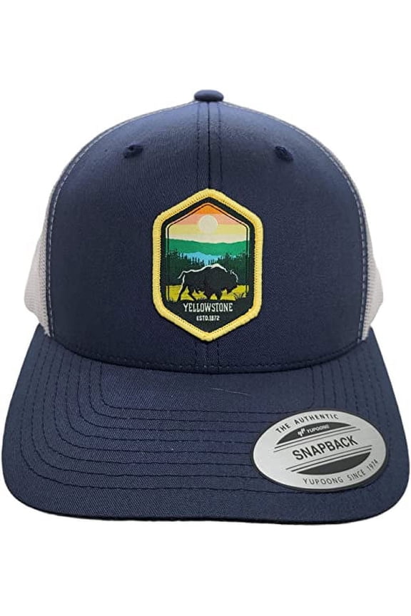 Yellowstone Trucker Hat with National Park Woven Patch (Navy/White)