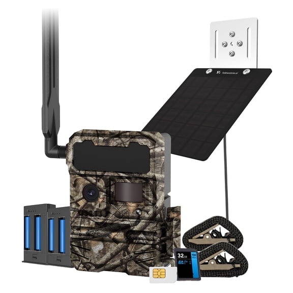 Yellowstone Y2 4G-LTE Trail Camera Bundle with Solar Panel, 2 Battery Packs, Wall Charging Cable, Solar Panel Mounting Bracket, Memory Card, SIM Card, and Straps