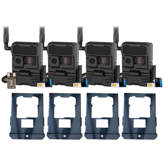 Yellowstone Y2 Black Wide Lens Trail Camera (4-Pack) Bundle with Metal Security Box, High-Speed Card Reader, and Accessories for Outdoor Monitoring (9 Items)