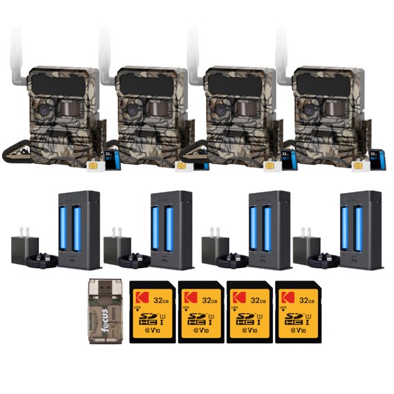 Yellowstone Y2 Cellular Trail Camera (4-Pack) with Battery Pack and Card Reader Bundle (9 Items)