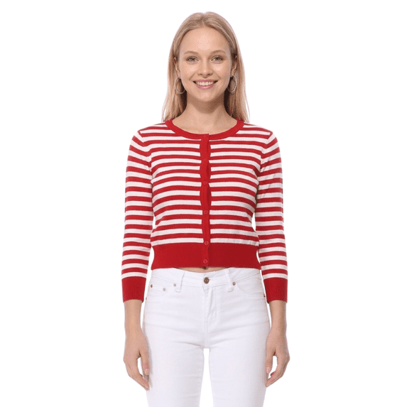 Yemak Women's 3/4 Sleeve Crewneck Striped Regular Fit Button-Down Sweater Cardigan-RED/IVORY-L