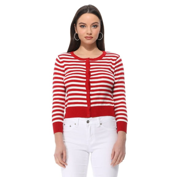 Yemak Women's 3/4 Sleeve Crewneck Striped Regular Fit Button-Down Sweater Cardigan-RED/IVORY-S