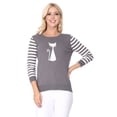 thumbnail image 1 of Yemak Women's 3/4 Striped Sleeve Round Neck Cat Design Knitted Sweater Pullover MK8249-CHA/IVR-M-BD, 1 of 4