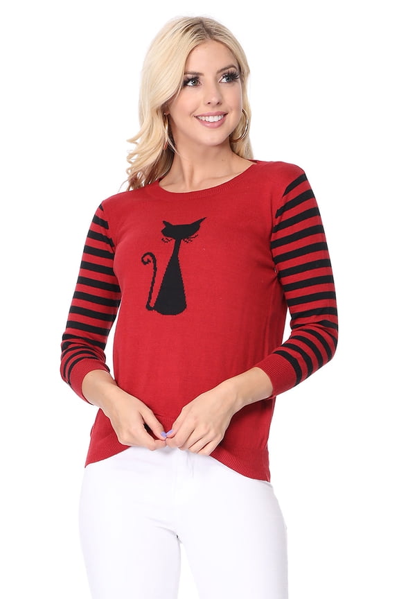 Women's 3/4 Striped Sleeve Round Neck Cat Design Knitted Sweater Pullover MK8249-RED/BLK-L-BD