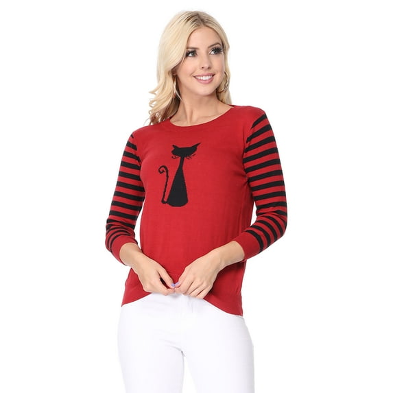 Yemak Women's 3/4 Striped Sleeve Round Neck Cat Design Knitted Sweater Pullover MK8249-RED/BLK-L-BD