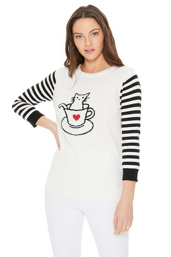 Women's 3/4 Striped Sleeve Round Neck Cat in a Cup Knitted Sweater Pullover Ivory-S