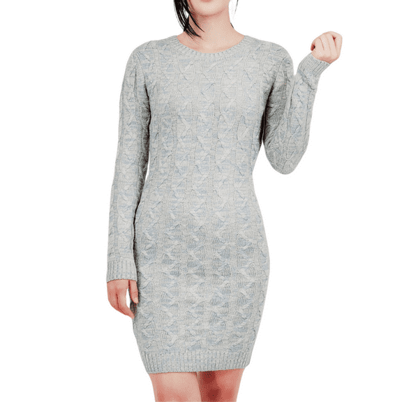 Yemak Women's Cable Knit Long Sleeve Heather Color Sweater Dress Blue-L-BD
