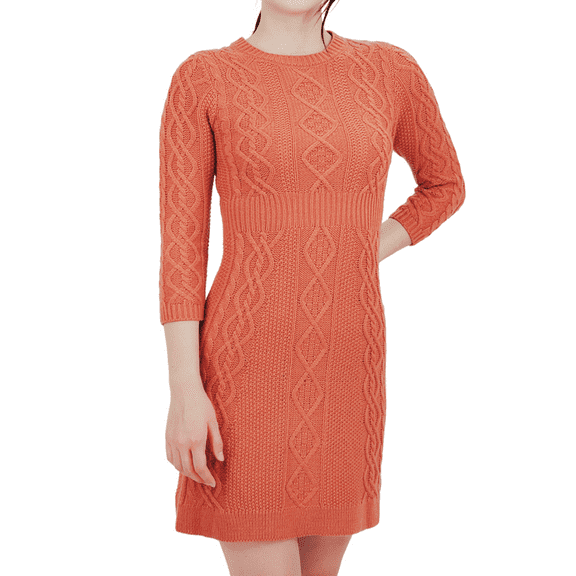 Yemak Women's Cable Knit Round Neck 3/4 Sleeves Mini Sweater Dress Dusty Orange-M-BD