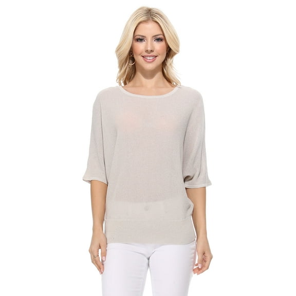 Yemak Women's Casual Dolman Half Sleeve Lightweight Knit Pullover Top Grey-S-BD
