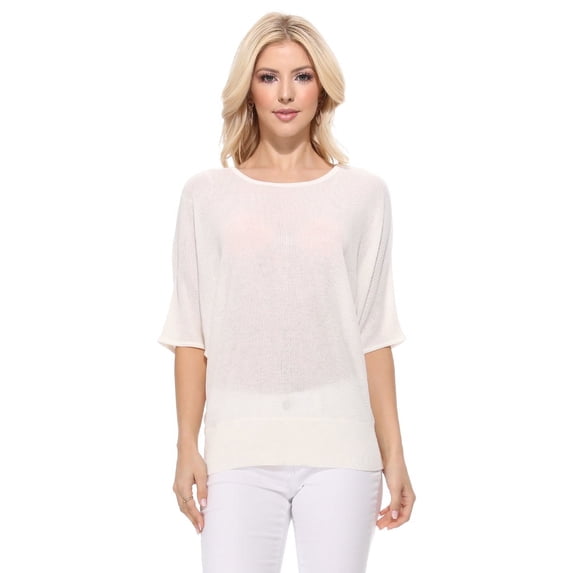 Yemak Women's Casual Dolman Half Sleeve Lightweight Knit Pullover Top Ivory-M-BD