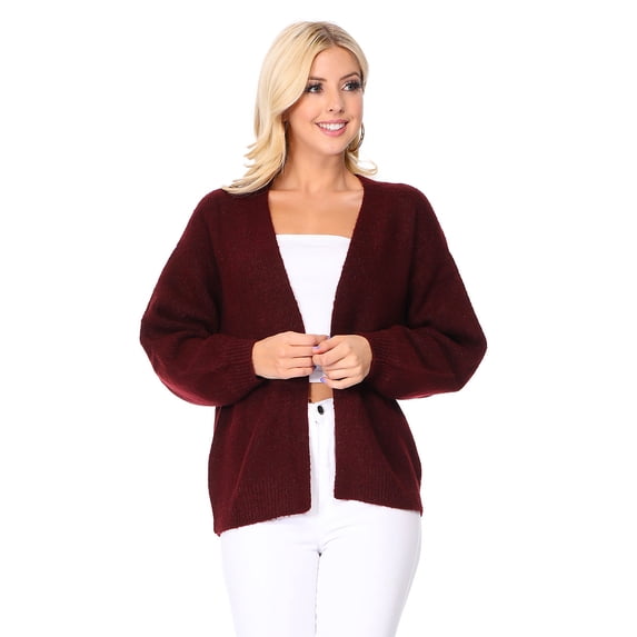Yemak Women's Chunky Knit Long Bell Sleeve Open Sweater Cardigan MK8235-BUR-L-BD
