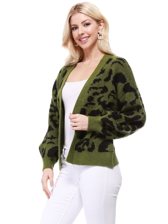 Women's Chunky Leopard Print Open Front Long Sleeve Jacket Sweater Cardigan HK8254LEO-SAGE/BLACK-S/M