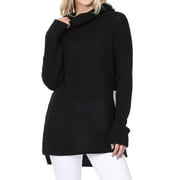 Yemak Women's Chunky Loose Oversized Turtleneck Knit Tunic Long Sweater Top MK3660-BLACK-M
