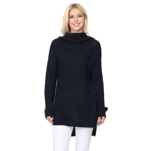 Yemak Women's Chunky Loose Oversized Turtleneck Knit Tunic Long Sweater Top MK3660-NAVY-M
