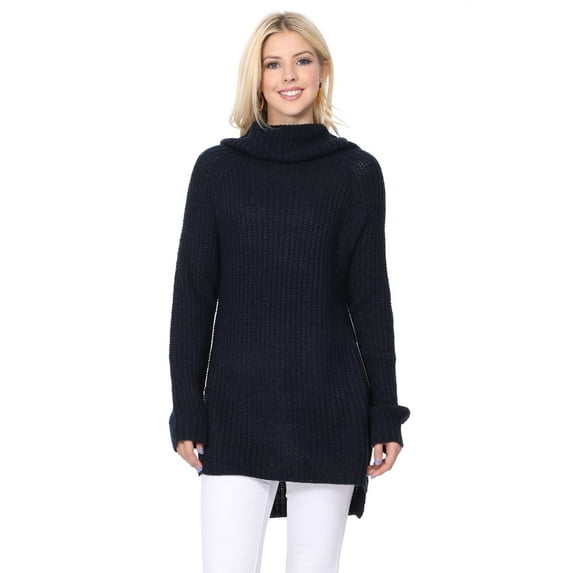 Yemak Women's Chunky Loose Oversized Turtleneck Knit Tunic Long Sweater Top MK3660-NAVY-S