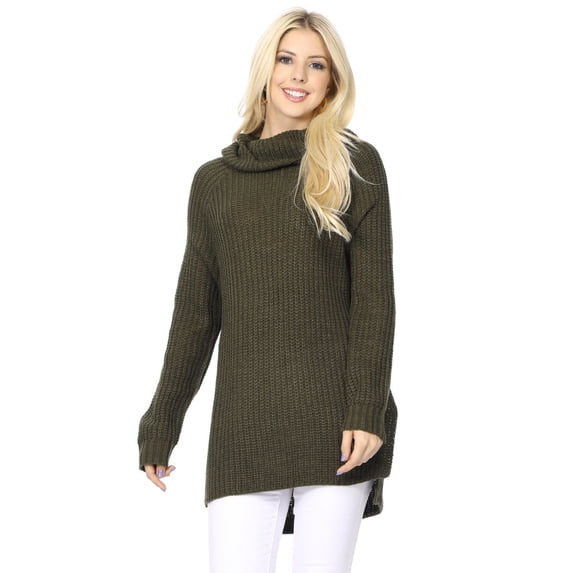 Yemak Women's Chunky Loose Oversized Turtleneck Knit Tunic Long Sweater Top MK3660-OLIVE-M