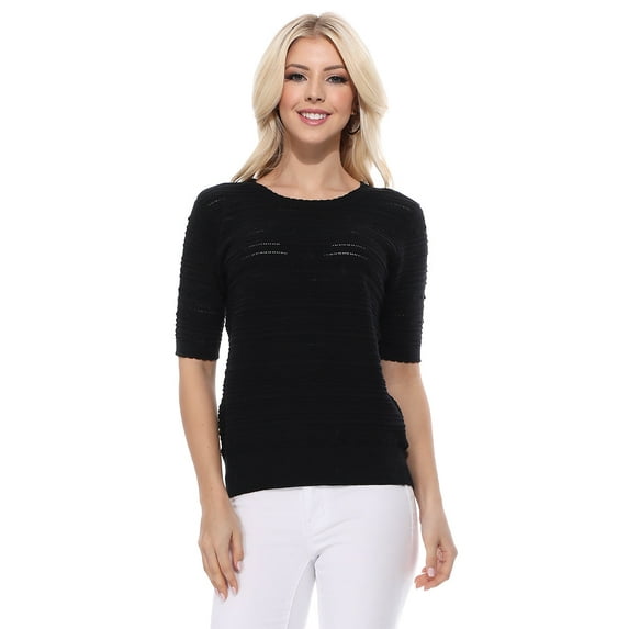 Yemak Women's Half Sleeve Round Neck Textured Stich Sweater Top Black-L-BD