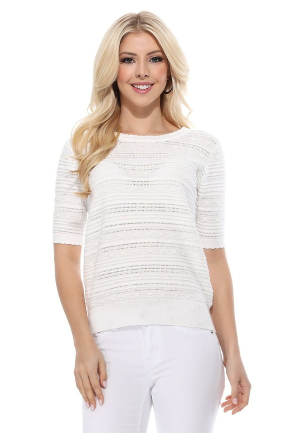 Women's Half Sleeve Round Neck Textured Stich Sweater Top Ivory-S-BD