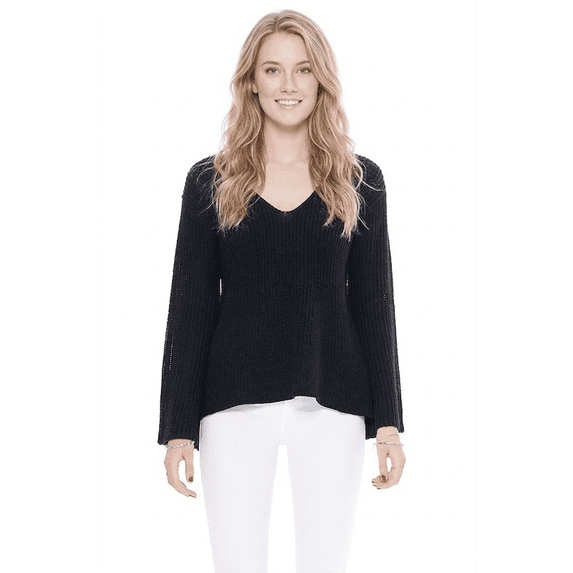 Yemak Women's Lightweight V Neck Long Sleeve Bell Sleeve Pullover Sweater Black-S-BD