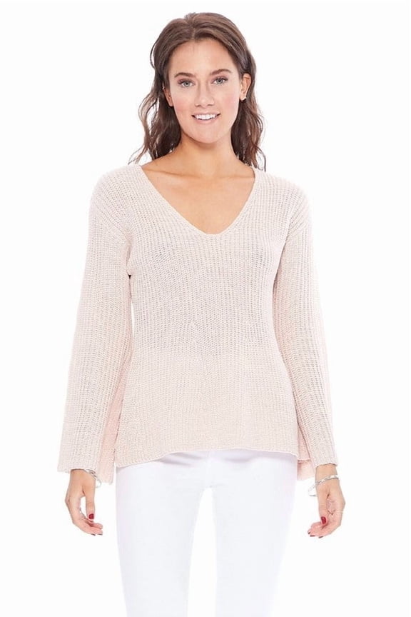 Women's Lightweight V Neck Long Sleeve Bell Sleeve Pullover Sweater Blush-M-BD