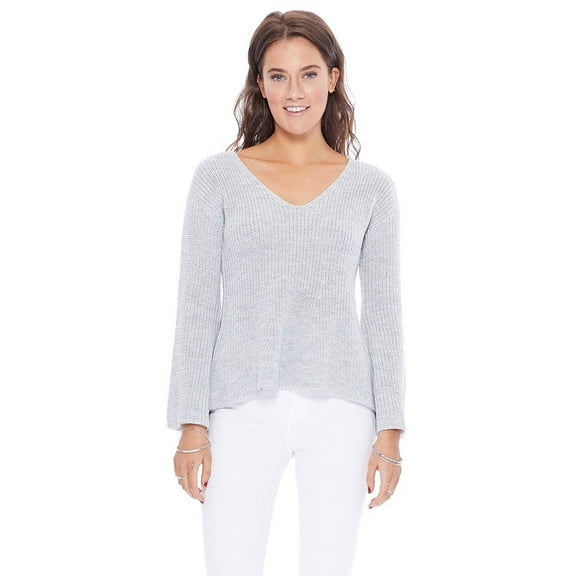 Yemak Women's Lightweight V Neck Long Sleeve Bell Sleeve Pullover Sweater Grey-M-BD