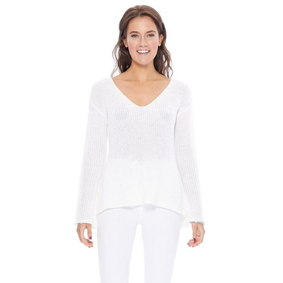Yemak Women's Lightweight V Neck Long Sleeve Bell Sleeve Pullover Sweater Ivory-L-BD