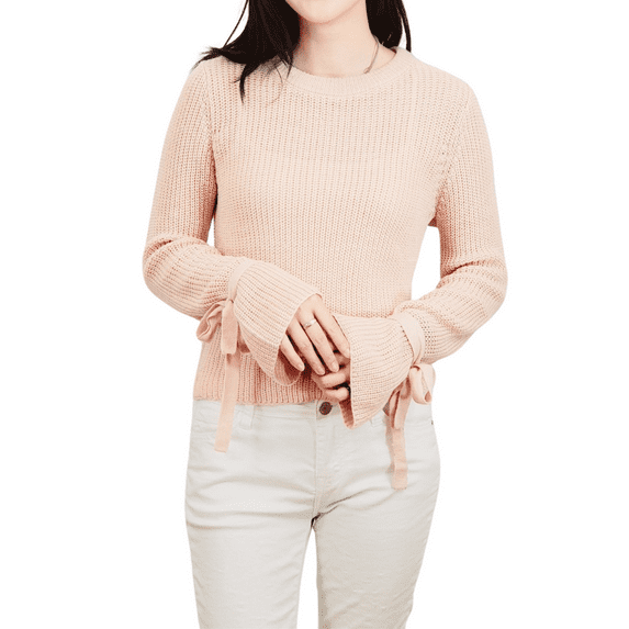 Yemak Women's Long Bell Sleeve with Bow Ties Waffle Knit Sweater Pullover MK8214-BLS-S-BD