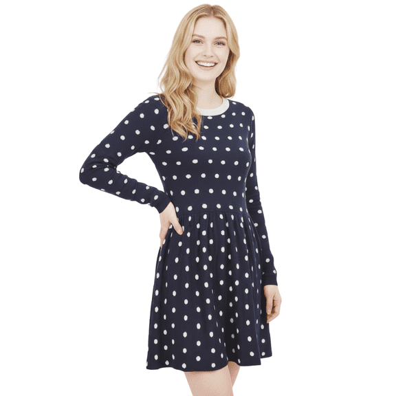 Yemak Women's Long Sleeve Baby Doll Polka Dot Patterned Sweater Dress Navy/Ivory-L-BD