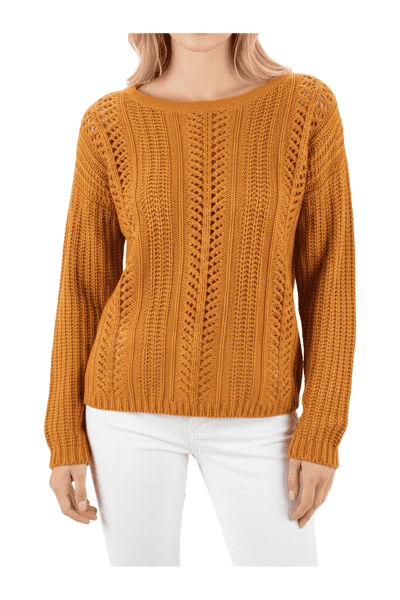 Women's Long Sleeve Crochet Knitted Sweater Top with Rolled Cuffs HB2052-BRZ-L-BD