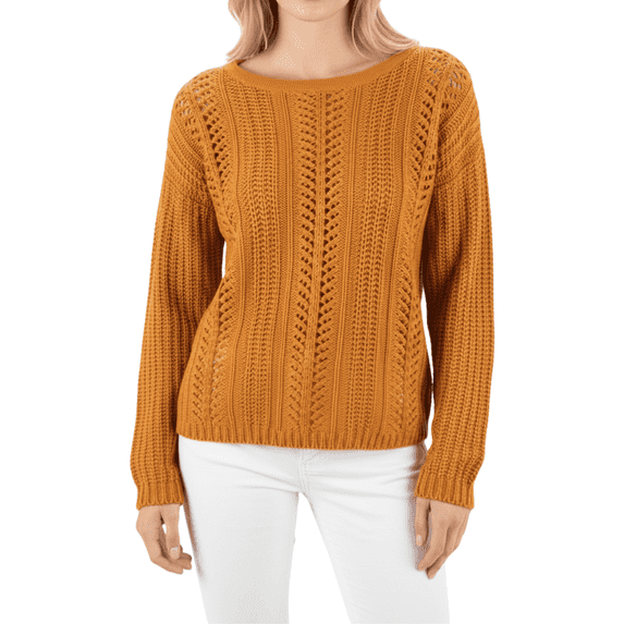 Yemak Women's Long Sleeve Crochet Knitted Sweater Top with Rolled Cuffs HB2052-BRZ-S-BD