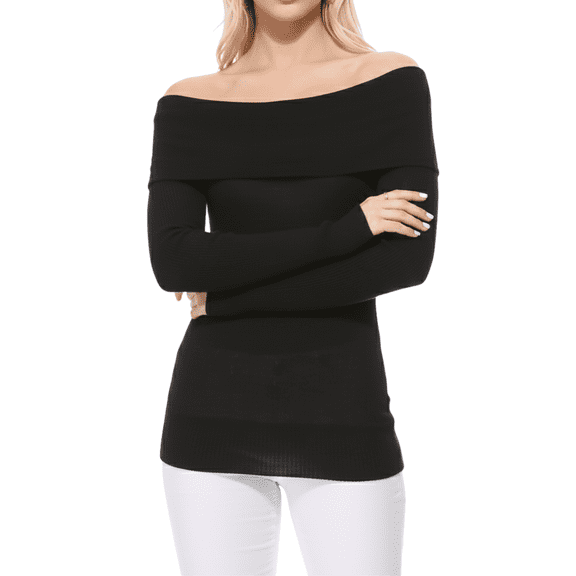 Yemak Women's Long Sleeve Fold Over Off Shoulder Top MK3598-BLK-L-BD