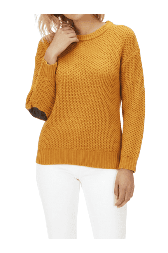 Women's Long Sleeve Honeycomb Stitch Sweater Top with Leather Patches MK3354-BRZ-S-BD