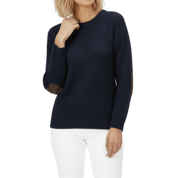 Yemak Women's Long Sleeve Honeycomb Stitch Sweater Top with Leather Patches MK3354-NAV-L-BD