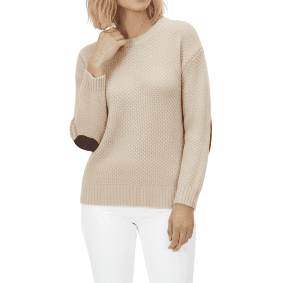 Yemak Women's Long Sleeve Honeycomb Stitch Sweater Top with Leather Patches MK3354-OAT-M-BD