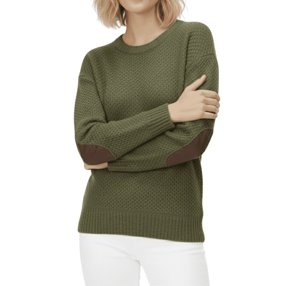 Yemak Women's Long Sleeve Honeycomb Stitch Sweater Top with Leather Patches MK3354-OLV-L-BD