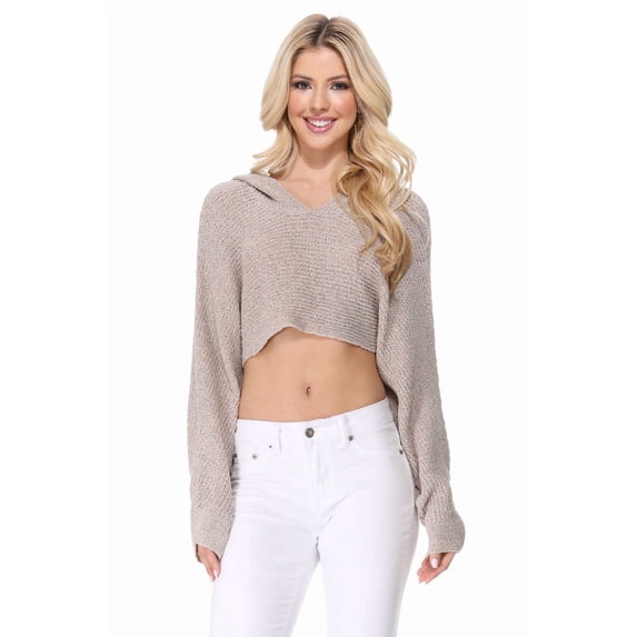 Yemak Women's Long Sleeve Knit Cropped Sweater Pullover with Hoodie KC009-TAUPE-M/L