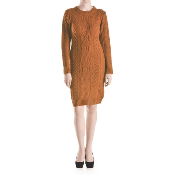 Yemak Women's Long Sleeve Knitted Feminine Cable Knit Sweater Dress Camel-L-BD