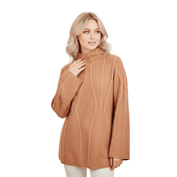 Yemak Women's Long Sleeve Mock Neck Cable Knit Sweater Pullover MK8188-Tan-M-BD
