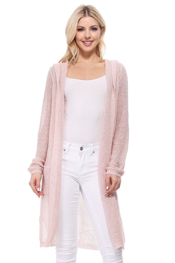 Women's Long Sleeve Open Front Knit Long Sweater Cardigan with Pockets and Hoodie HK8266 -BLUSH-S/M