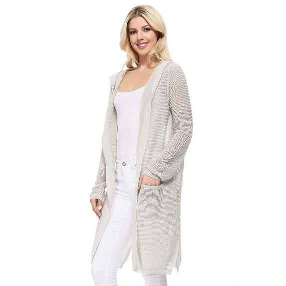 Yemak Women's Long Sleeve Open Front Knit Long Sweater Cardigan with Pockets and Hoodie HK8266 -GREY-M/L