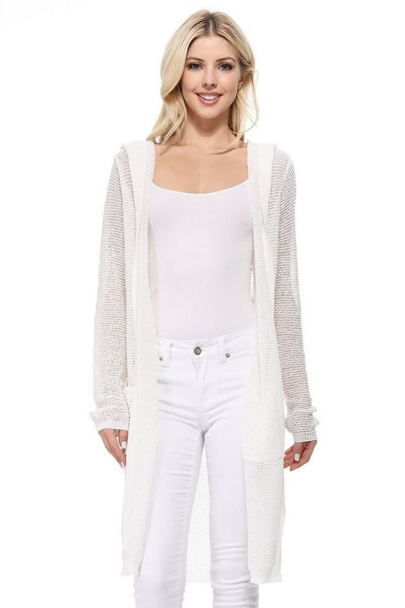 Women's Long Sleeve Open Front Knit Long Sweater Cardigan with Pockets and Hoodie HK8266 -IVORY-M/L