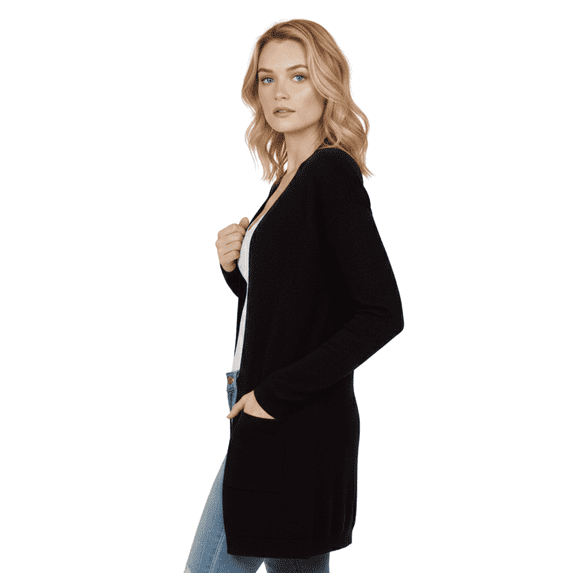 Yemak Women's Long Sleeve Open-Front Knitted Cardigan Sweater with Pockets HK8220-BLK-SM-BD