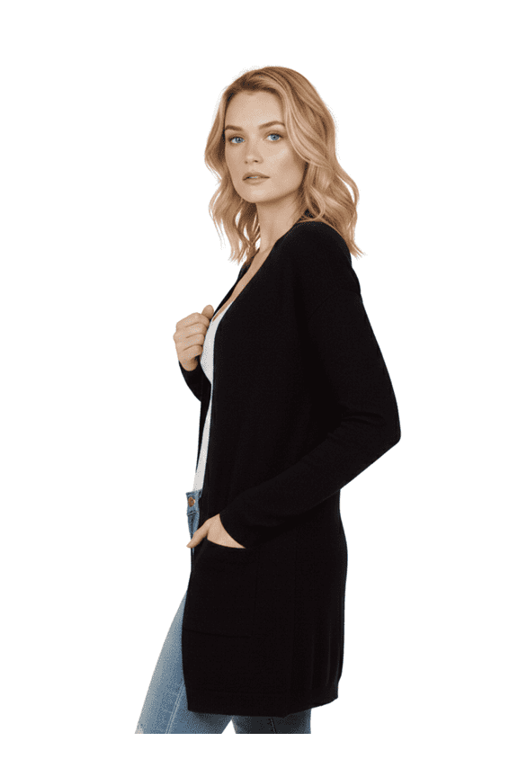 Women's Long Sleeve Open-Front Knitted Cardigan Sweater with Pockets HK8220-BLK-SM-BD