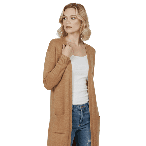 Yemak Women's Long Sleeve Open-Front Knitted Cardigan Sweater with Pockets HK8220-CAM-ML-BD