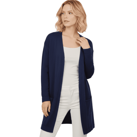 Yemak Women's Long Sleeve Open-Front Knitted Cardigan Sweater with Pockets HK8220-NAV-ML-BD