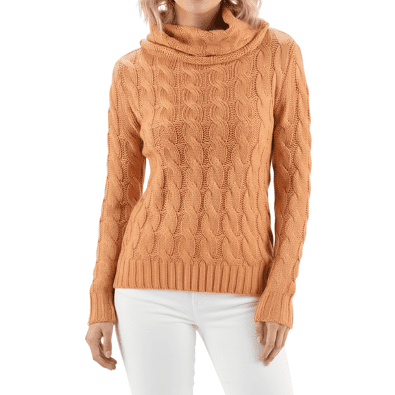 Yemak Women's Long Sleeve Turtleneck Cable Knit Sweater Pullover MK3432-Tan-L-BD